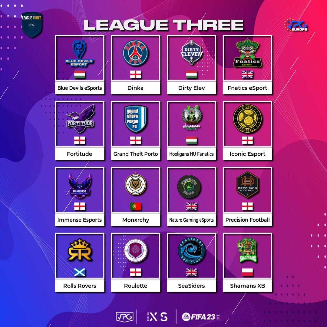 𝙒𝙚𝙡𝙘𝙤𝙢𝙚 𝙩𝙤 𝙖𝙡𝙡 𝙩𝙚𝙖𝙢𝙨 𝙩𝙖𝙠𝙞𝙣𝙜 𝙥𝙖𝙧𝙩!

🏆 <a href="/VPGEurope/">Virtual Pro Gaming | Europe</a> 🇪🇺
🎮  Xbox 
⚽️  League Three
🗓️  18.04.23

🙌  The best place to play competitive pro clubs. 
🤝 We wish you all the best of luck! 

#ProClubs #FIFA23 
#WhereTheChampionsPlay