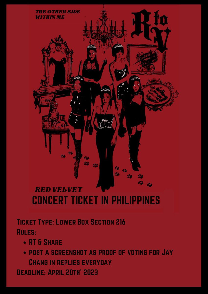 ForeverWithJay's tweet photo. [GIVEAWAY] RedVelvet Concert

Vote for #JAYCHANG and get a chance to win a Lower Box Ticket for #RtoVinMANILA 

RULES
-RT &amp; Tag 3 mutuals
-Daily vote for jay, more opportunities to win
- This GA is exclusive to ReVeluvs 

[Read below thread for more info] https://t.co/sZ4hNGyNkc
