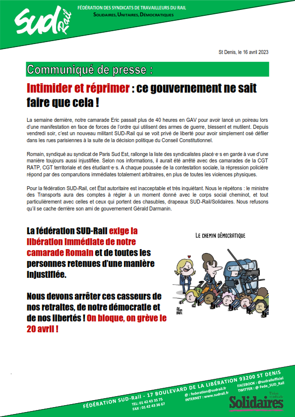 Fede_SUD_Rail's tweet photo. 🔴La fédération SUD-Rail exige la libération immédiate de notre camarade Romain et de toutes les personnes retenues d’une manière injustifiée.
@UnionSolidaires https://t.co/ugOGwTkl7k