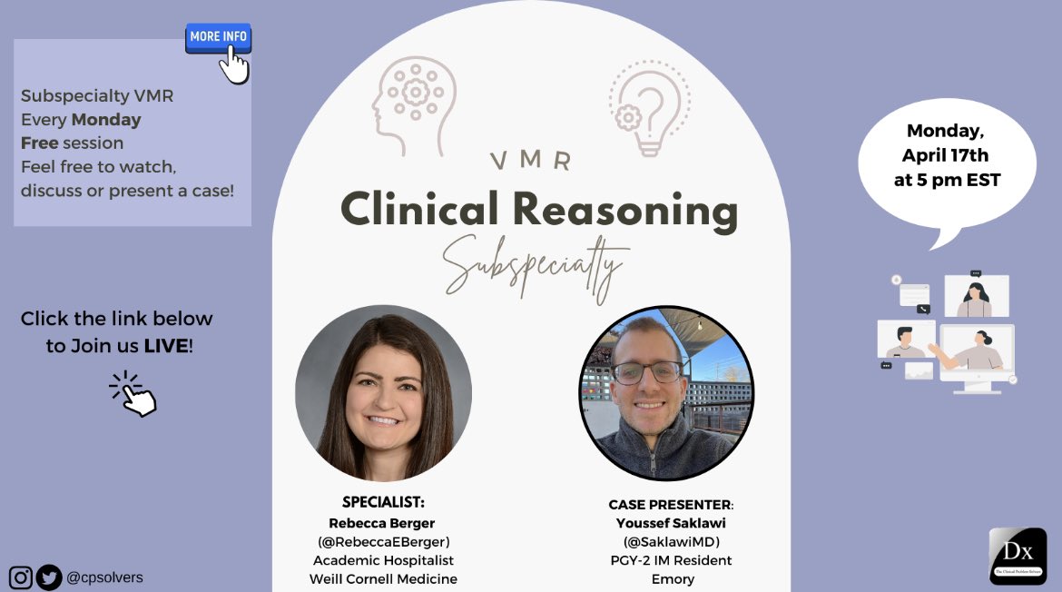 The Clinical Problem Solvers (@cpsolvers) on Twitter photo there’s no ~reason~ to miss it!!
#MedTwitter, we’re pleased to bring you another Specialty VMR! This time, we will be discussing a clinical reasoning case with <a href="/RebeccaEBerger/">Rebecca Berger 🇮🇱</a>, presented by <a href="/SaklawiMD/">Youssef Saklawi</a>!
We can’t wait to see you on 4/17 at 5pm EST!
bit.ly/31LWIKg there’s no ~reason~ to miss it!!
#MedTwitter, we’re pleased to bring you another Specialty VMR! This time, we will be discussing a clinical reasoning case with <a href="/RebeccaEBerger/">Rebecca Berger 🇮🇱</a>, presented by <a href="/SaklawiMD/">Youssef Saklawi</a>!
We can’t wait to see you on 4/17 at 5pm EST!
bit.ly/31LWIKg