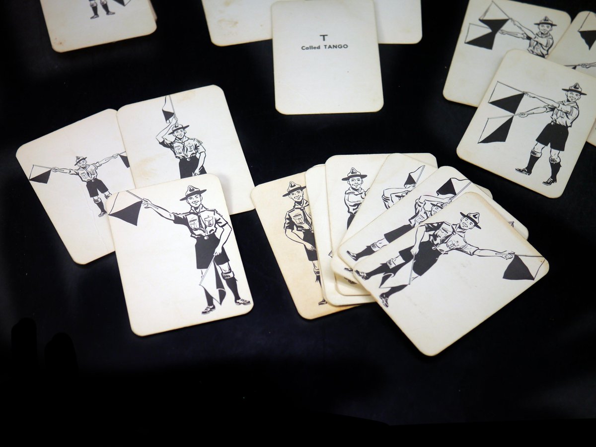 Antique (1916) and rare National Boy Scouts of Canada Semaphore Signaling practice cards. Complete deck of 30 cards with original box and instruction card.  for sale at buyfromgroovy dot com