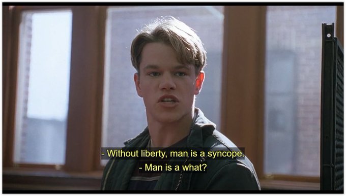 Good Will Hunting: pronunciation mistake
In the scene where Will is in court after the fight at the playground, he quotes Henry Ward Beecher, ending with, "Without liberty, man is a syncope". Except he pronounces "syncope" incorrectly, as sing-kope instead of sing-kuh-pee.

An actor mispronouncing a word may not be a big deal, but when the character they're playing is supposed to be a whizkid supergenius, it sort of stands out.

Perhaps minor, but it's always bothered me.
https://www.reddit.com/r/MovieMistakes/comments/hbsqs0/good_will_hunting_pronunciation_mistake/