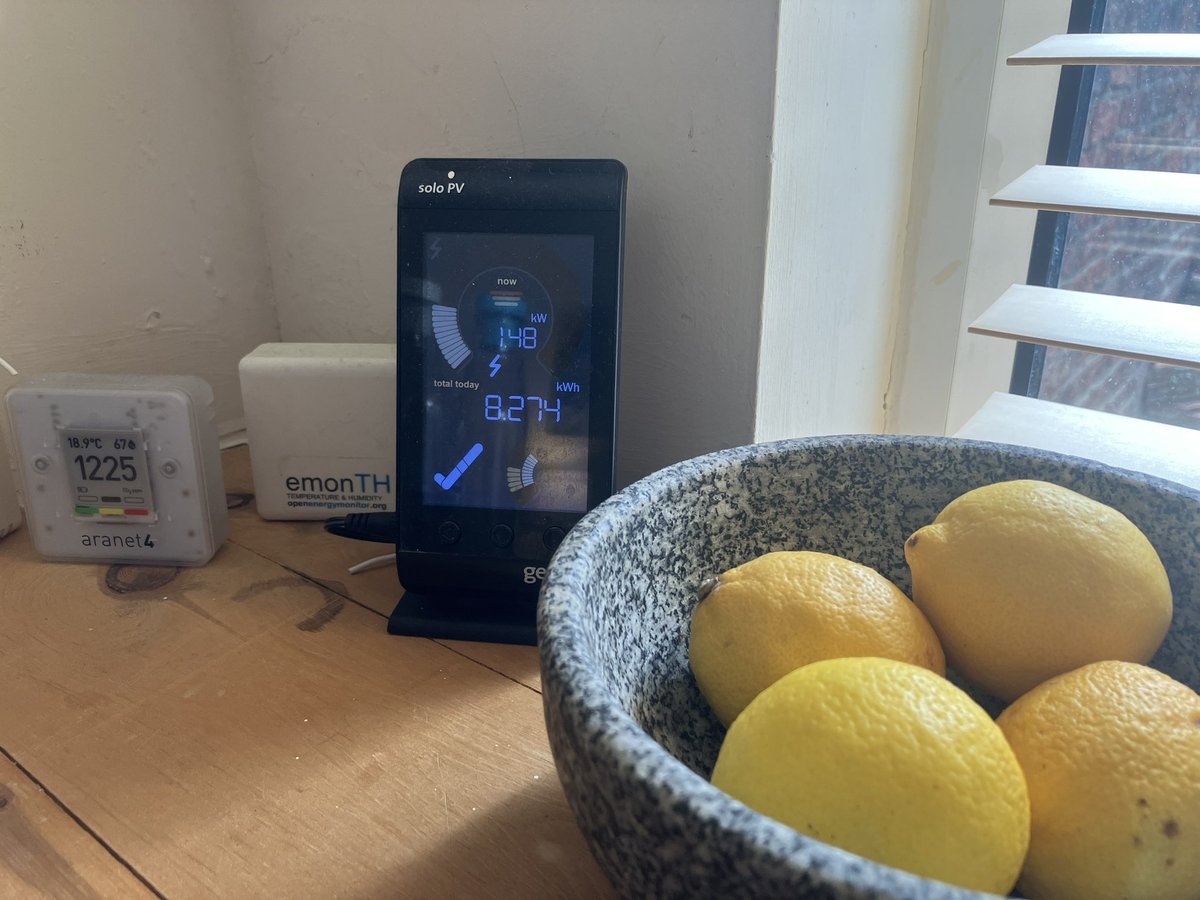 LittleEcoT's tweet photo. Sun is out and slow cooker is on. I love  “#solar cooking” with our slow cooker off the #PV panels. It reduces the ~30p standard cooking cost to near zero, and makes 4-6 portions.

Dishwasher &amp; washing machine too, as well two 400 W heaters to use residual (not on full). https://t.co/3VnEhZfmYX