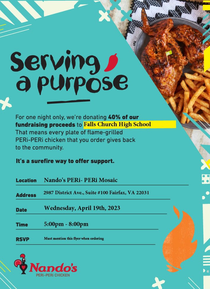 FCHS Athletic Boosters will be having a Restaurant night next Wednesday, 4/19 from 5-8 at Nando’s Peri Peri in Mosaic Town Center.   Nando’s will be donating 40% of all sales to FCHS Athletics.  We hope you can join us! Mention ‘FCHS Athletics’ when ordering. And please retweet!!