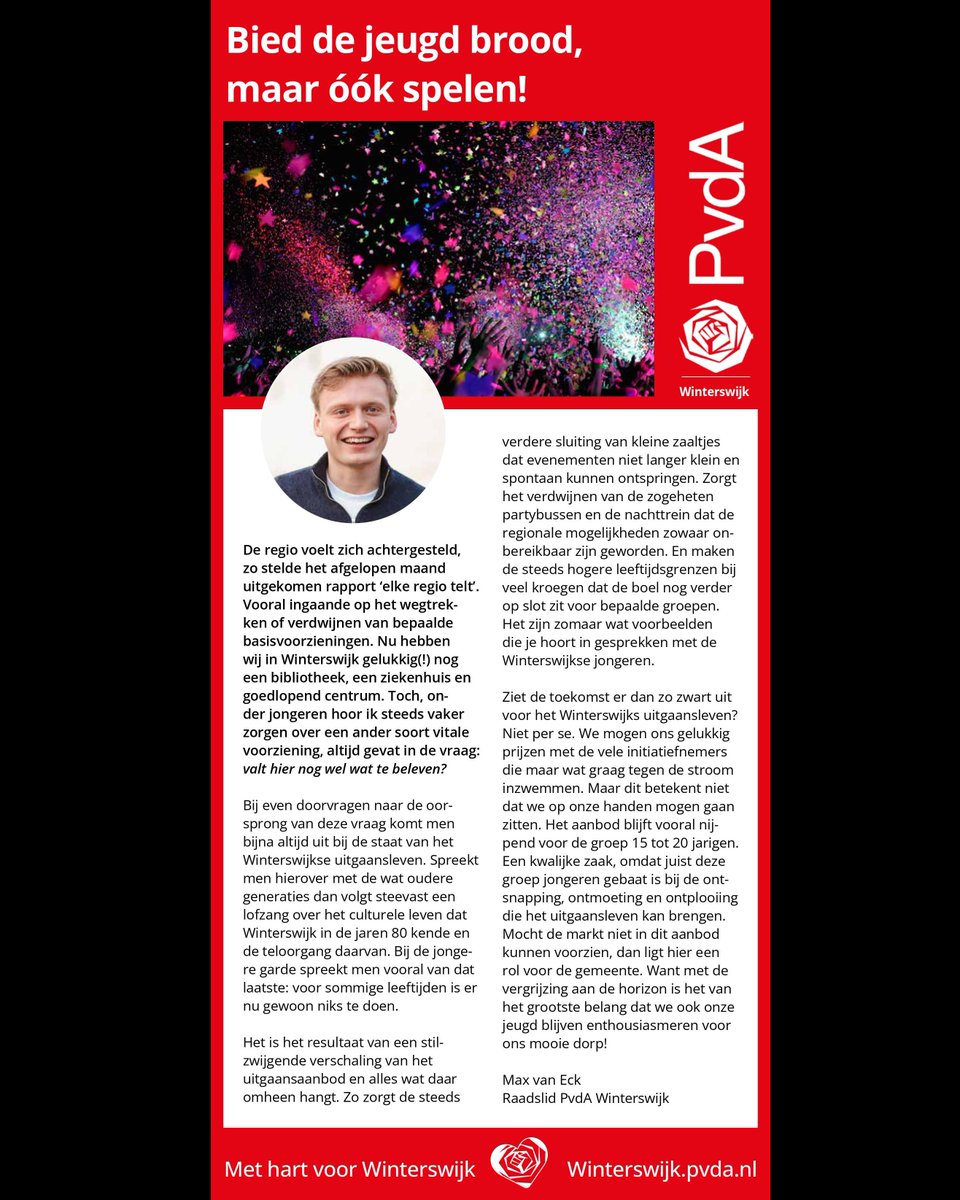'𝗕𝗶𝗲𝗱 𝗱𝗲 𝗷𝗲𝘂𝗴𝗱 𝗯𝗿𝗼𝗼𝗱, 𝗺𝗮𝗮𝗿 𝗼́𝗼́𝗸 𝘀𝗽𝗲𝗹𝗲𝗻!'

Raadslid Max van Eck spreekt zich uit over de staat van het Winterswijkse uitgaansleven. Lees verder op onze website 👇winterswijk.pvda.nl/nieuws/raadsli…

#Winterswijk #Jeugd #Jongeren #Jong #PvdA #PartijvandeArbeid
