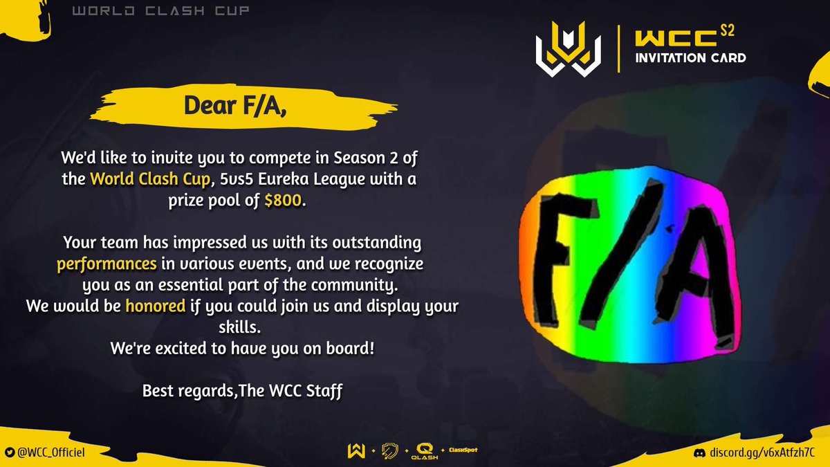 F/A (@fa_coc_) on Twitter photo Thank you very much for the invitation to this tournament <a href="/WCC_Officiel/">World Clash Cup</a>
Looking forward to it starting! Thank you very much for the invitation to this tournament <a href="/WCC_Officiel/">World Clash Cup</a>
Looking forward to it starting!