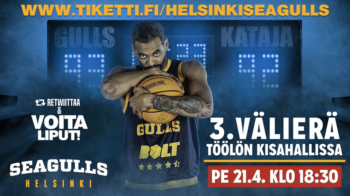 🔁 RETWIITTAA &amp; oot mukana lippuarvonnassa!

🏀🎟 VOITA LIPUT (2kpl) Helsinki Seagullsin VÄLIERÄMATSIIN!

3. VÄLIERÄ:
🏀 Seagulls vs. Kataja
🗓 pe 21.4.
🕡 18:30
🏟️ Töölön Kisahalli
🎟 tiketti.fi/helsinkiseagul…

*Arvonta to 20.4. illalla &amp; voittajalle ilmoitetaan henkilökohtaisesti