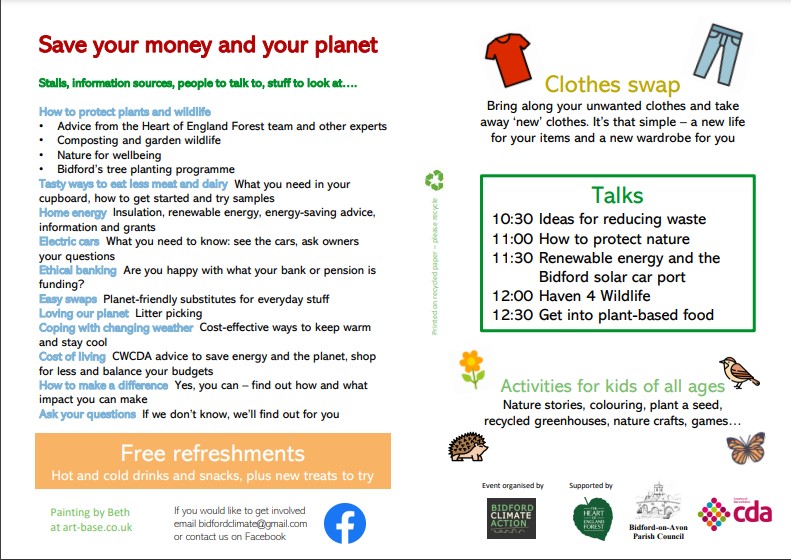 BidfordClimate's tweet photo. Bidford on Avon Eco Fair is on this coming Saturday April 22nd from 10am until 1pm in the Crawford Memorial Hall. Information, talks, activities, refreshments &amp; FREE ENTRY. Learn tips on  how to 'Save Your Money and Your Planet!'
@AlcesterAcademy @StraUponAvonSch @AGSPrincipal https://t.co/Y72VJeNzlU
