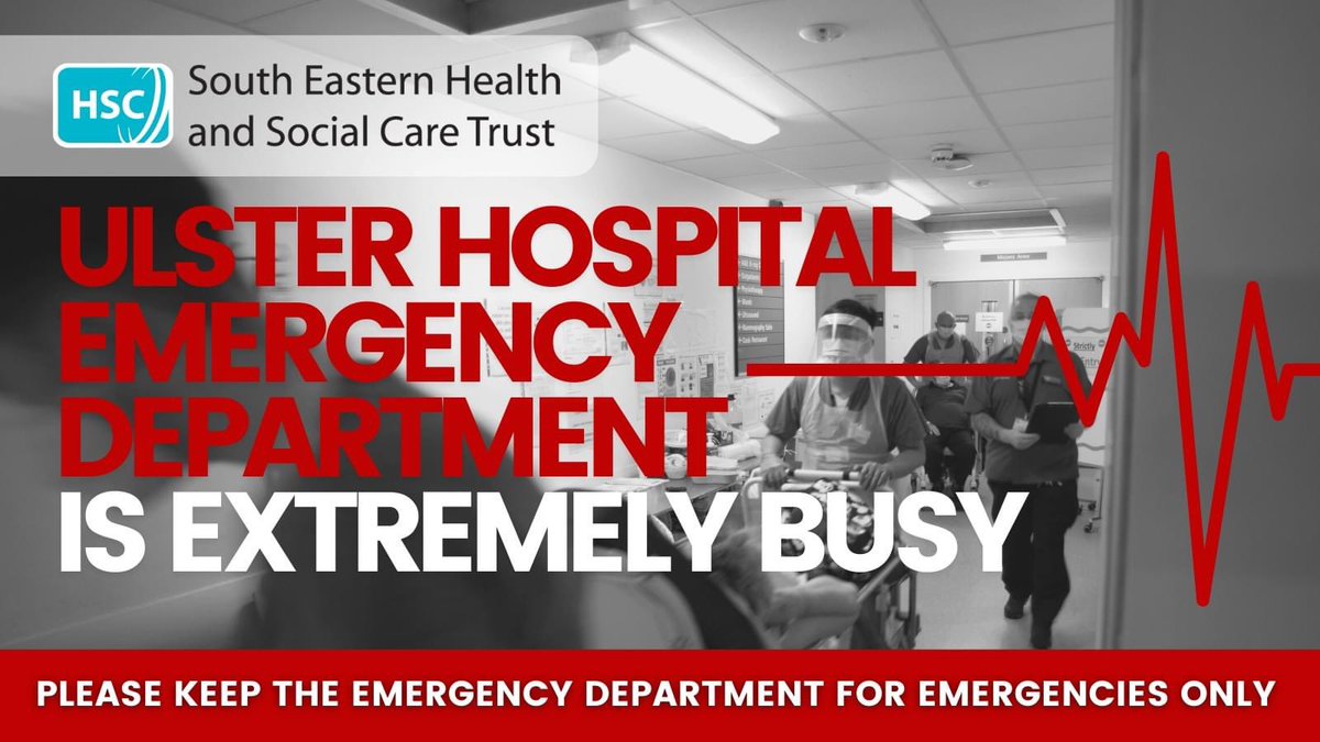 The Ulster Hospital Emergency Department is EXTREMELY busy.

There are 112 patients in our department, 56 awaiting admission.

If your condition is NOT life threatening you may have a long wait.

Other help is available👇
bit.ly/3i7VKQL