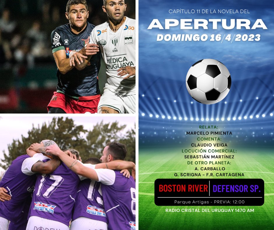 #URUGUAYO CONTRA LAS CUERDAS. <a href="/DefensorSp/">Defensor Sporting</a>
viaja a Las Piedras para enfrentar a <a href="/bostonriver/">BOSTON RIVER</a> y lograr los 3 puntos que le permitan seguir de cerca al líder <a href="/OficialCAP/">PEÑAROL</a>. Como SIEMPRE, lo vivís como NUNCA con todo el equipo de otro planeta de Radio Cristal del Uruguay 1470 AM.