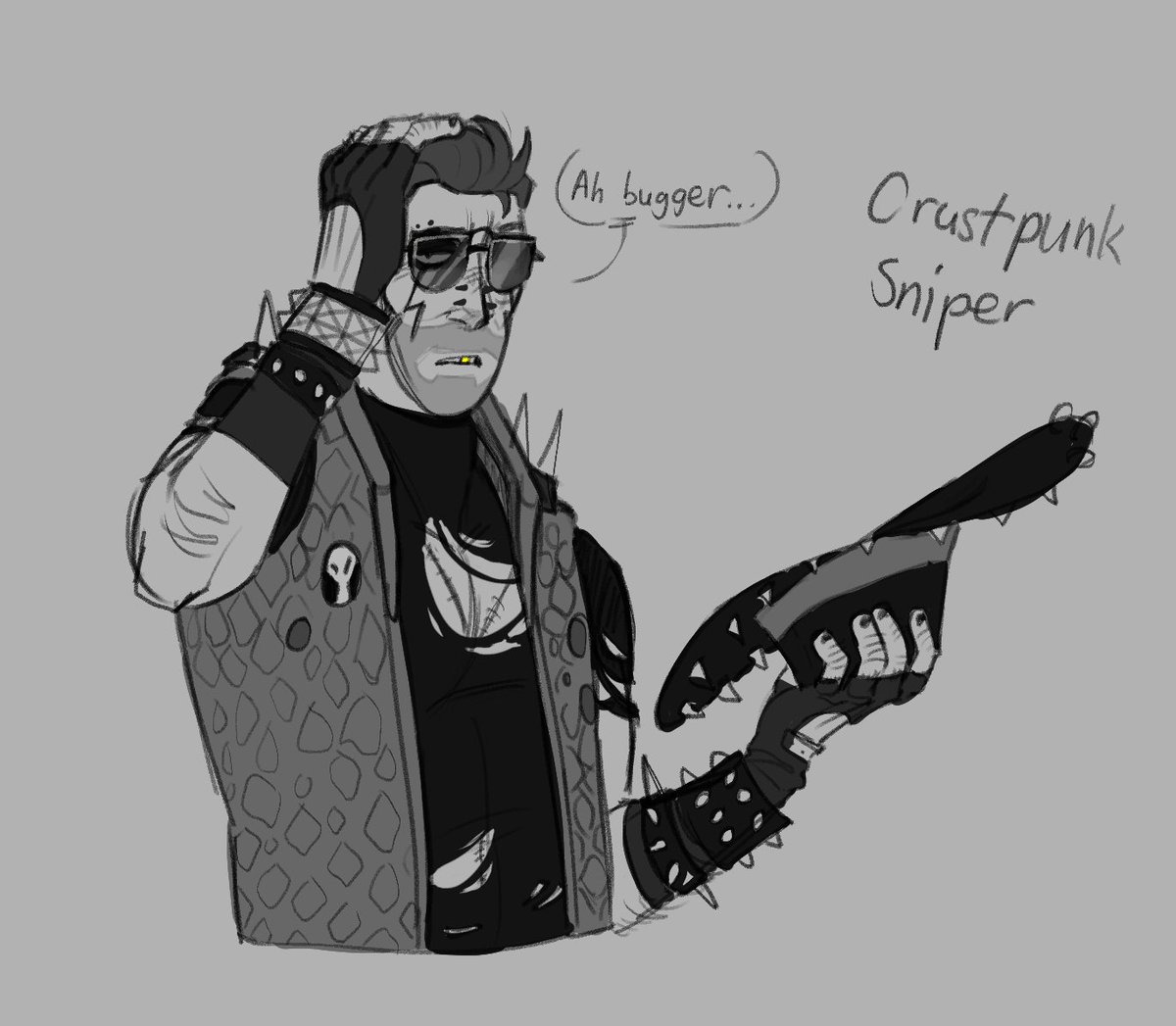 Crustpunk Sniper ehehehehe >:3
his vest is made from crocodile skin