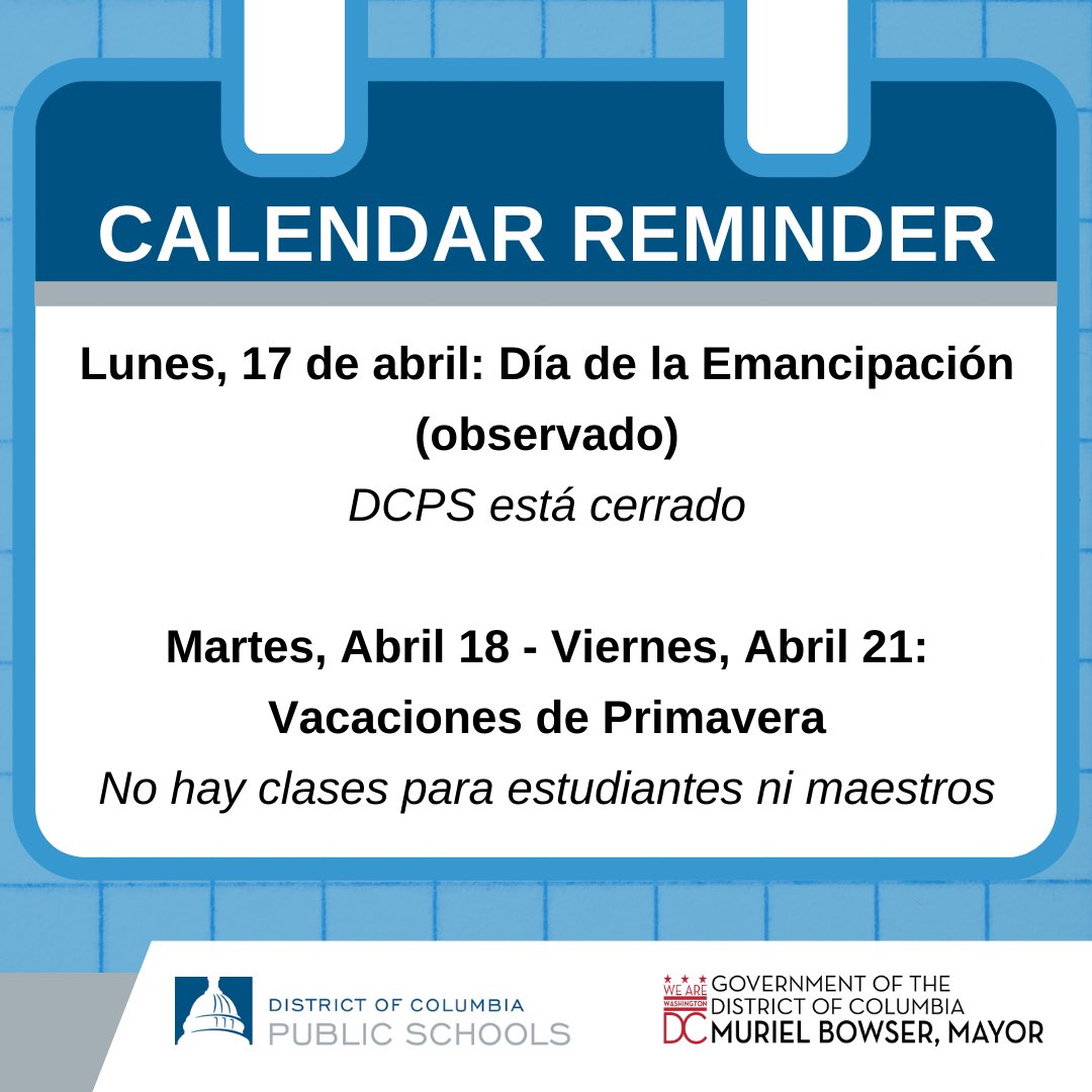 Today marks the 161st anniversary of Emancipation Day, when over 3,000 enslaved persons were liberated in DC on April 16, 1862. Join us today for Family Fun Day at Black Lives Matter Plaza, and remember DCPS offices are closed tomorrow, April 17, in observance of the holiday.