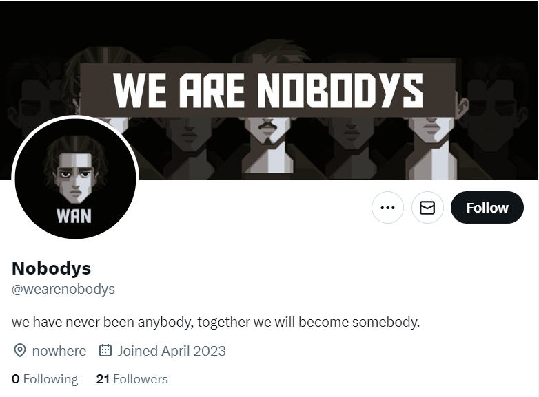 *spider-sense tingles* 🔔
<a href="/wearenobodys/">Nobodys</a> 

21 followers 👀

Too early, limited info ❓
Possibly a degen mint 😜
I do like the vibe though 🕺

Get every alert by becoming a W3bhead. Link in bio 🔑
1 person who Likes and Retweets will get an invite application code 🏆