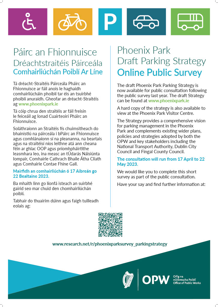 The #PhoenixPark Draft #Parking Strategy is available now for #publicconsultation A hard copy will be available for viewing at the Visitor Centre from 17th April to 22nd May @opwireland @DubCityCouncil @Fingalcoco @TFIupdates  
Complete the survey below 👇and have your say now !