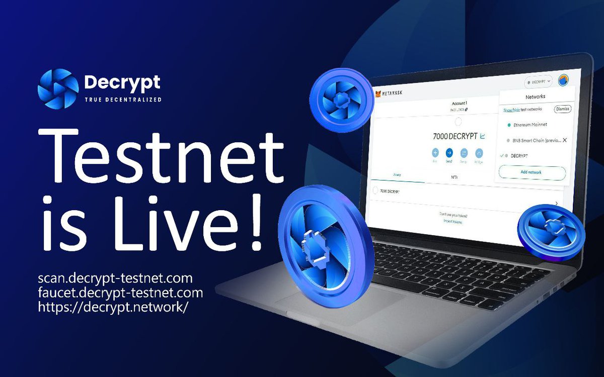 DecryptBSC's tweet photo. #Decrypt testnet is live!

RPC.      : https://t.co/O8nBlKkpbM
Chain id: 8727
Symbol : decrypt
Explorer: https://t.co/KlMvD8nj6K

Faucet: https://t.co/EhpP6JeyS9

Connect with your metamask and try it! https://t.co/vSINz5FrN2