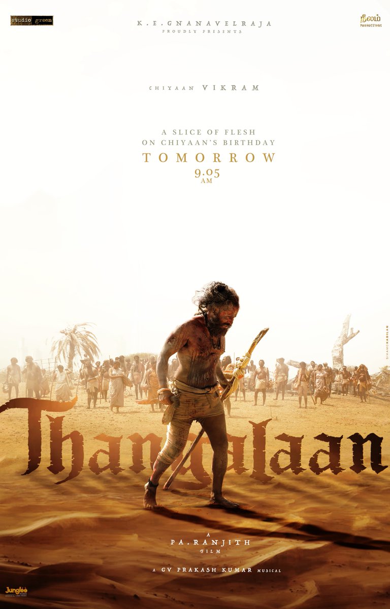 StudioGreen2's tweet photo. Presenting you with a surprise on our #Chiyaan's birthday❤️

A slice of flesh from #Thangalaan, tomorrow 9:05 AM 🔥 Stay Tuned @jungleemusicSTH

#HBDChiyaanVikram

@Thangalaan @chiyaan @beemji @kegvraja @StudioGreen2 @officialneelam @parvatweets @MalavikaM_ @PasupathyMasi https://t.co/zAebBOXc8O