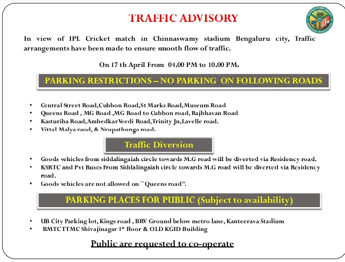 For RCB vs CSK match, please follow the traffic advisory. We urge the fans to make use of public transport to reach the venue. #IPL2023 #RCBvCSK @SplCPTraffic @jointcptraffic @cparktrafficps