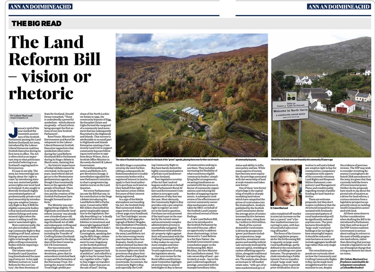 Final plug for my ⁦<a href="/Sygazette/">Stornoway Gazette</a>⁩ Big Read piece on the 2003 Land Reform Act and the forthcoming Land Reform Bill, due later this year.