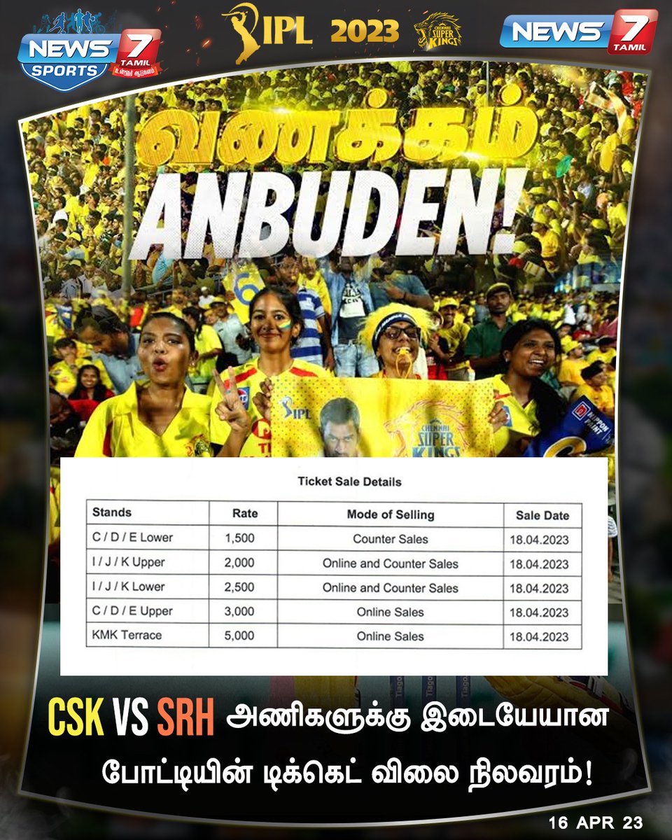 news7tamil's tweet photo. CSK VS SRH அணிகளுக்கு இடையேயான போட்டியின் டிக்கெட் விலை நிலவரம்!

https://t.co/WciCN2SQmv |  @ChennaiIPL  | @SunRisers  | @IPL  | #csk | #SRH  | #CSKvsSRH  | #ipl2023  | #ipl | #IPLTickets  |   #News7Tamil | #News7TamilUpdates https://t.co/zV2q177XPn