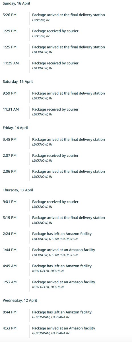 Ankurbsa's tweet photo. @amazonIN @amazon @AmazonHelp 
I ordered a birthday gift on 11 April which was promised to get delivered on 13 April. However, the little boy is still waiting for his birthday gift which has been roaming in Lucknow. Do you take 4 days to deliver within Lucknow? Escalated 4 times. https://t.co/qdgSHseX2g
