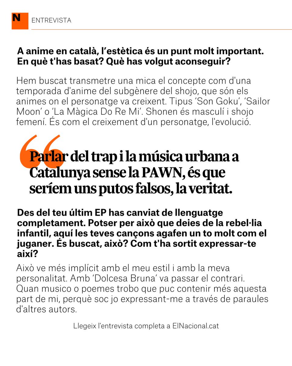 ElNacional.cat (@elnacionalcat) on Twitter photo 📀 Dos anys després de l'èxit de 'Dolcesa Bruna', el seu primer EP en solitari, la <a href="/neishabruna/">Nico Robin</a> torna amb 'Anime en català' (Delirics, 2023).
✍🏼 Berta Codina
🔗 Llegeix l'entrevista sencera al Revers
elnacional.cat/ca/cultura/ent…
#elnacionalcat #revers #anime #català #música #trap 📀 Dos anys després de l'èxit de 'Dolcesa Bruna', el seu primer EP en solitari, la <a href="/neishabruna/">Nico Robin</a> torna amb 'Anime en català' (Delirics, 2023).
✍🏼 Berta Codina
🔗 Llegeix l'entrevista sencera al Revers
elnacional.cat/ca/cultura/ent…
#elnacionalcat #revers #anime #català #música #trap