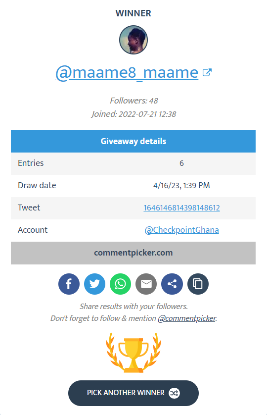 CheckpointGhana's tweet photo. @maame8_maame @obaachic @Dolapo_ox @Obaa_ahuof3 Congratulations @maame8_maame You won our Week 2 competition draw! We will contact you shortly to get your prize to you. https://t.co/dKTC53Oepl