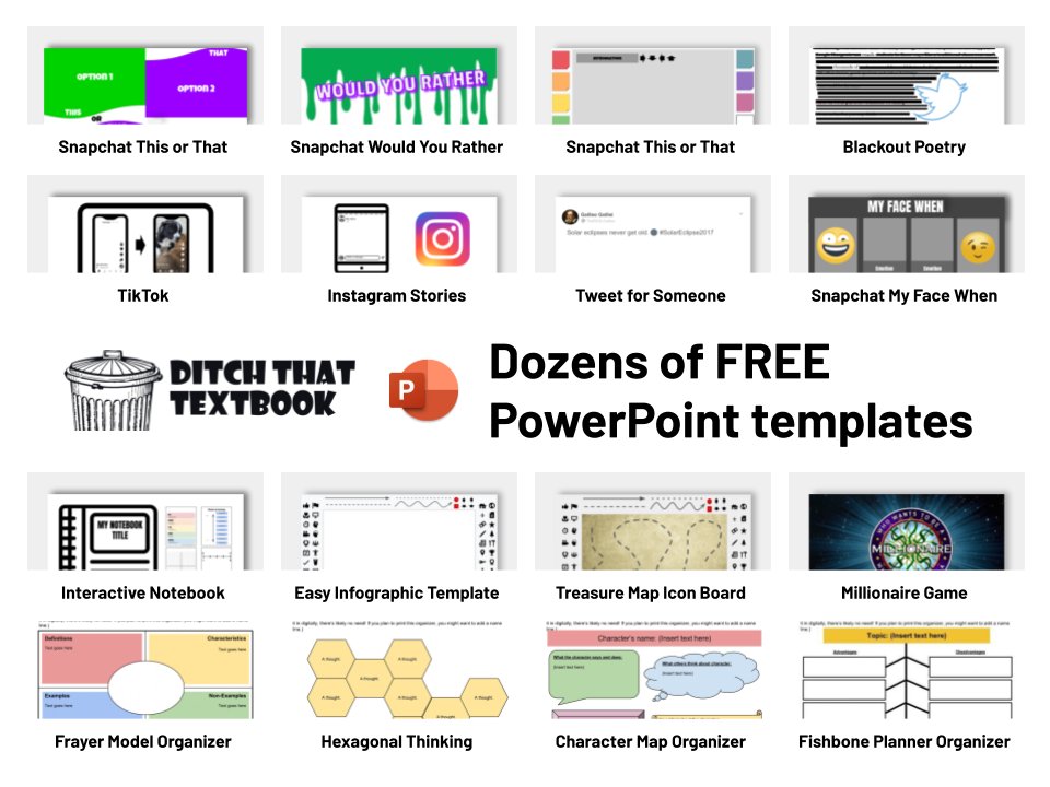 Whoa ... have you seen all of these FREE PowerPoint templates??? In TRUE #TechLAP style, make learning feel like Snapchat, Instagram, Twitter, game shows. There's even an interactive notebook template! Download for FREE: ditchthattextbook.com/powerpoint-tem… #DitchBook