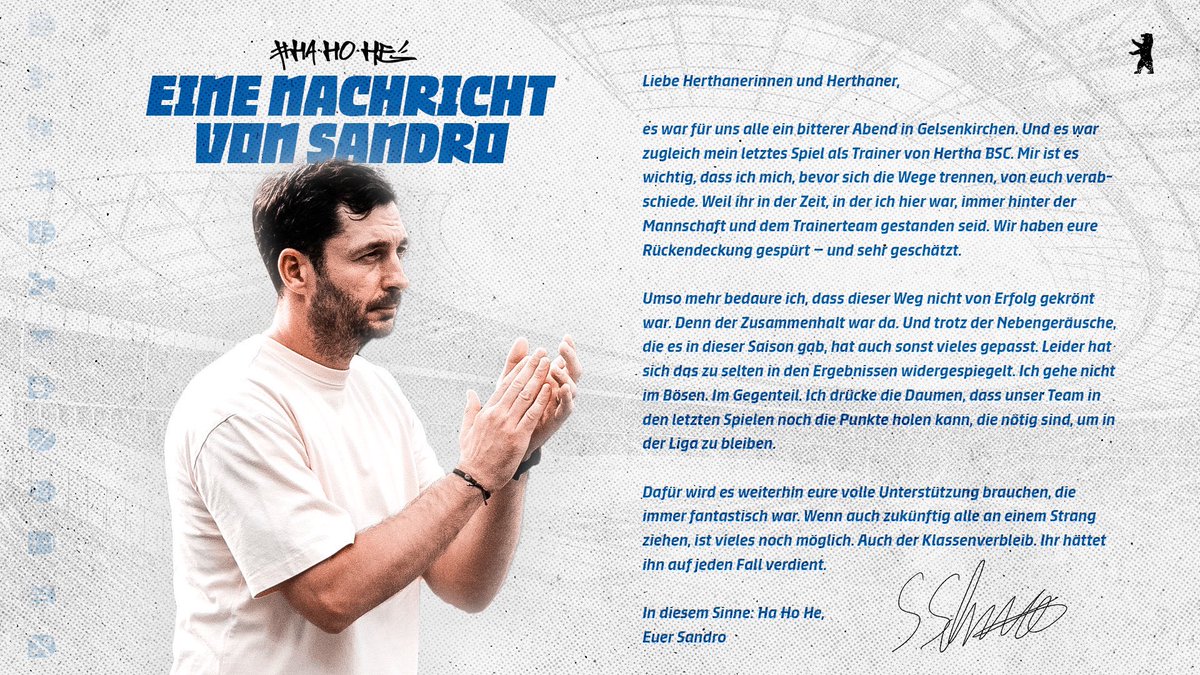 Liebe Hertha-Fans,

Sandro Schwarz war es wichtig, zum Abschied noch ein paar Worte an euch zu richten.

#HaHoHe