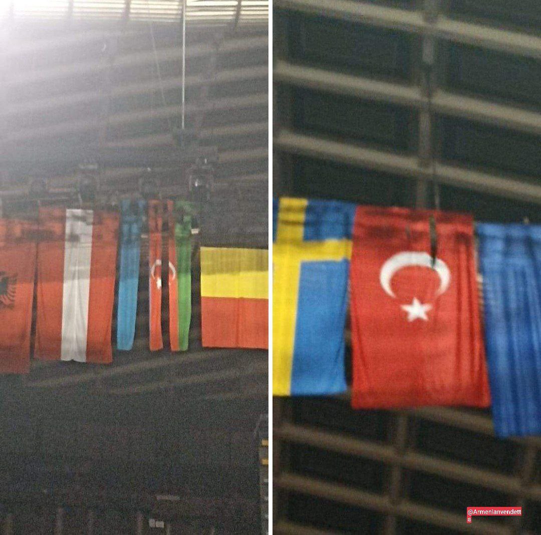 The #Armenia|n media is proudly circulating images of ripped #Azerbaijan|i & #Türkiye flags. At this point there is no doubt that #Yerevan should not host any major intl. event. Provocation after provocation. #StopArmenianAggression #EWC2023