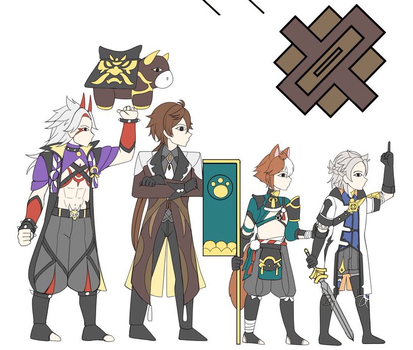 albedo (genshin impact) ,arataki itto ,gorou (genshin impact) multiple boys weapon sword holding sword holding weapon holding dog ears  illustration images