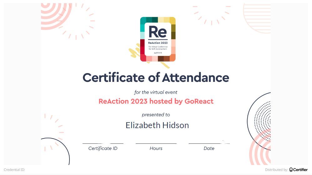 Received a digital certificate for participating in the @GoReact #ReactionVirtual - what a brilliant way to certify engagement. My #EdTech ❤️ loves #DigitalCertification #DigitalBadges #DigitalCredentials certifier.me #Inspired