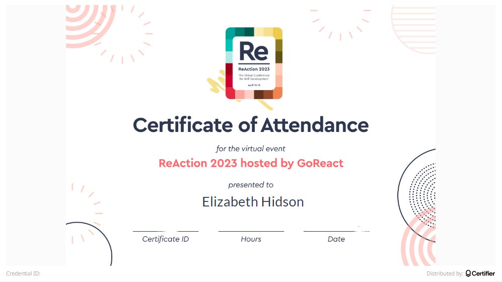 DrHidson's tweet photo. Received a digital certificate for participating in the @GoReact #ReactionVirtual - what a brilliant way to certify engagement. My #EdTech β€οΈ loves #DigitalCertification #DigitalBadges #DigitalCredentials https://t.co/9h3uMaQApl #Inspired https://t.co/dYmo4JlQ85