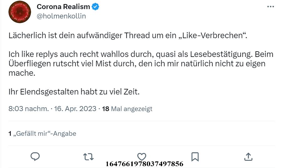 ZuckerZucker3's tweet photo. Eben versuchte @holmenkollin den Like von @SHomburg, Stichworte "#scheiß #Vulberable" als Versehen darzustellen, als Lesebestätigung, die ausgerutscht sei.
Noch während meiner Antwort ist er ausgerutscht und hat mich blockiert:
Hier ist meine kleine 5 + 1 Tweet-Amtwort:
1/HC https://t.co/yOI4zPi0Qs