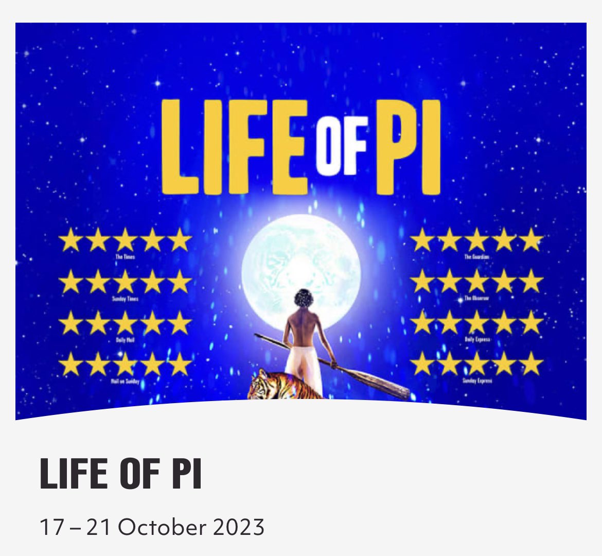 Three tickets for <a href="/LifeofPiUK/">Life Of Pi - UK & Ireland Tour</a> available for Sat 21st Oct if anyone would like to go. <a href="/theCentre/">Wales Millennium Centre</a> can’t offer a refund and can’t go, Box B so nice part of the theatre. Message if interested