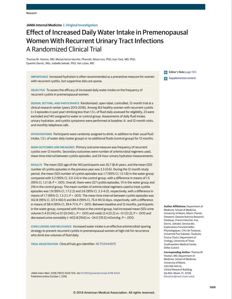 OrlandoRPN's tweet photo. En mujeres pre-menopáusicas con cistitis recurrente, indicar que tomen 1.5 L más de agua al día redujo las Infecciones Urinarias (Cistitis) a la mitad y también a la mitad los días de antibióticos.

Estudio aleatorizado controlado (n: 140): https://t.co/XQS57wuitd

Tomen agua https://t.co/tWDqoyRemW
