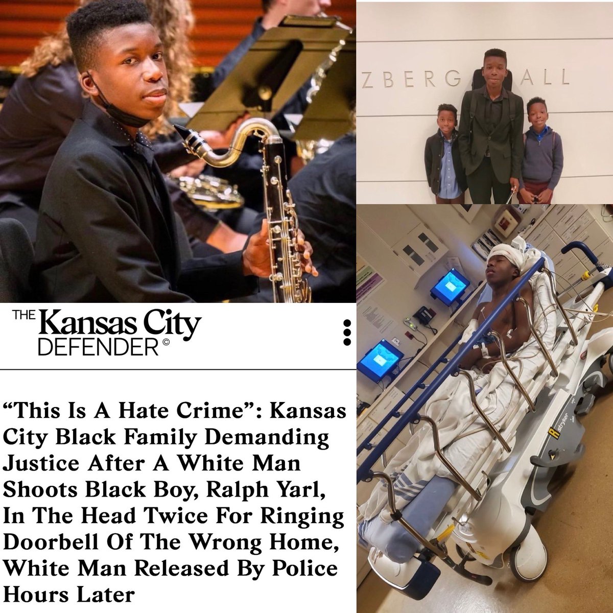 KANSAS CITY: “Ralph Yarl (16, Black) shot twice by a white man after accidentally ringing the doorbell of the wrong home attempting to pick up his sibling… shot in the head through the glass door, then, bleeding out on the ground, shot him again…” kansascitydefender.com/justice/kansas…