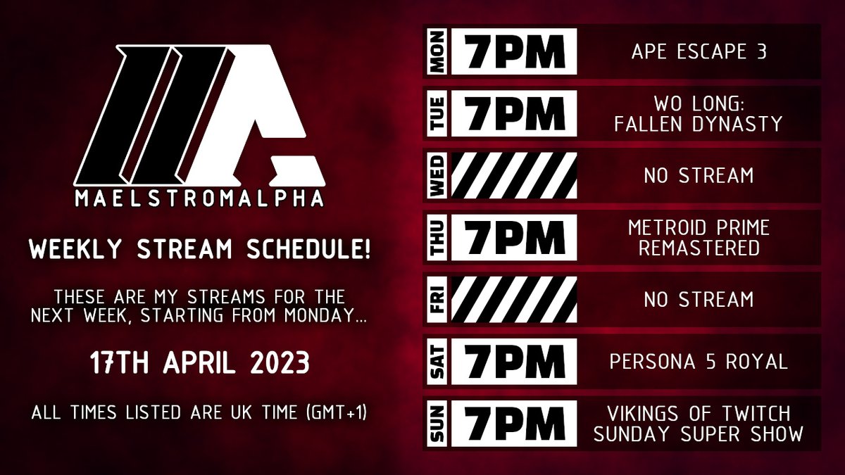 MaelstromALPHA's tweet photo. Here is my streaming schedule for next week! It's time for another #VikingsofTwitch Sunday Super Show!
#ApeEscape3, #WoLongFallenDynasty, #MetroidPrimeRemastered, #Persona5Royal, #VSSS
Come watch me live on #Twitch! @ https://t.co/Xcc6ZMx2Nn https://t.co/bj0gpcxN28
