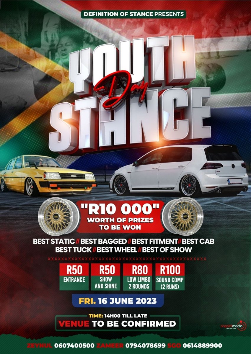 drey_248_'s tweet photo. ⚠️ YOUTH DAY STANCE ⚠️
SAVE THE DATE 🔥🔥🔥🔥
#pretoria_stance_society #cleantoysworldwide🌍 #stance #bagged #static #stancenation #female_stance_society #stock_standard_society #vag #stancelife #lowlifestyle https://t.co/C5zqMg67Dc