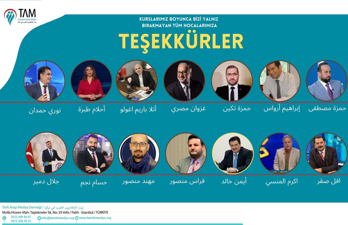 TAMdernegi's tweet photo. شكراً جزيلاً لجميع الأساتذة  الذين لم يتركونا وحدنا خلال دوراتنا شكراً لكم سعيدين بوجودكم معنا.
Kurslarımız boyunca bizleri yalnız bırakmayan her bir hocamıza yürekten teşekkür. Sağolun iyiki varsınız.
بيت الإعلاميين العرب في تركيا https://t.co/fjHEGUGd14