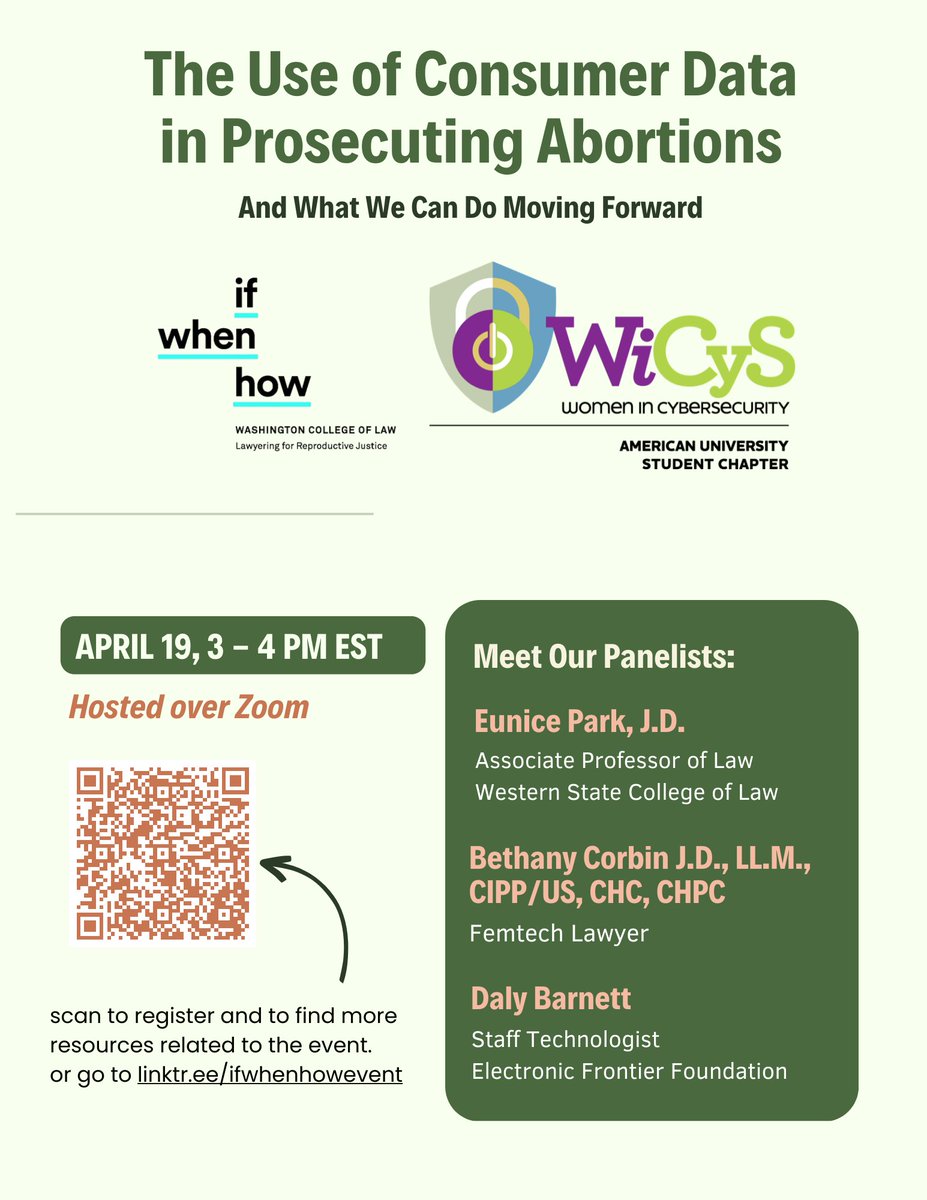 WCL_ifwhenhow's tweet photo. Don't forget to register for our panel happening in 3 DAYS on how consumer data can be used to prosecute abortion seekers, and what we can do to keep our data and communities safe. The panel will be held on zoom and is open to the public! https://t.co/Txl5DrRela