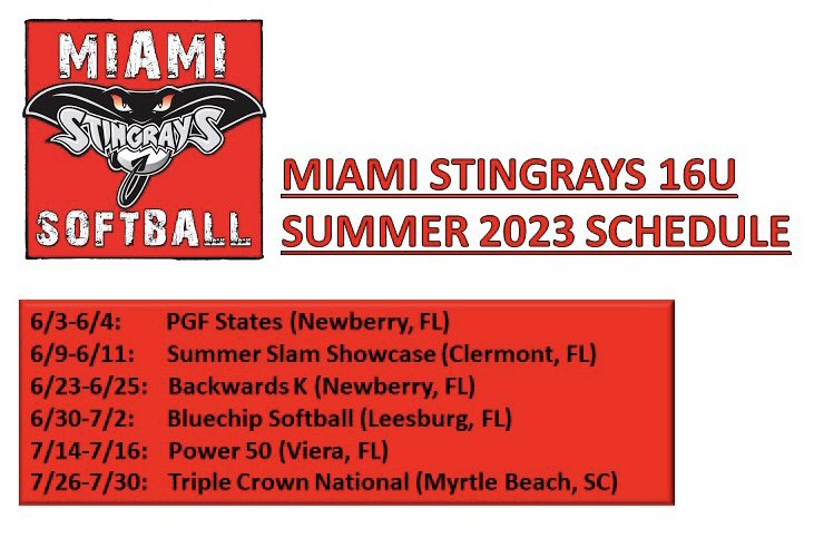 Summer schedule ✅ 🔥 Excited &amp; ready to connect with coaches looking for prospects.  🥎🥎💪💪 #SoftballShowcase #CollegeSoftball <a href="/PGFnetwork/">PGF</a> <a href="/BackwardsKJax/">Backwards K Softball</a> <a href="/BluechipSoftbal/">BluechipSoftball</a> <a href="/TCSFastpitch/">TC Fastpitch</a> <a href="/LeagueFastpitch/">Southeastern Fastpitch League</a> <a href="/USSSAFastpitch/">USSSA Fastpitch</a> <a href="/TopPreps/">Top Preps Sports News 247. Vote For Players Video!</a> #StingrayNation