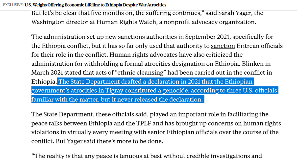 " <a href="/StateDept/">Department of State</a> drafted a  declaration in 2021 that the Ethiopian govt’s atrocities in Tigray  constituted a genocide, according to 3 U.S. officials familiar with  the matter, but it never released the declaration."
blocked by <a href="/AsstSecStateAF/">Bureau of African Affairs</a> <a href="/UnderSecStateP/">Allison M. Hooker</a>
foreignpolicy.com/2023/03/09/us-…