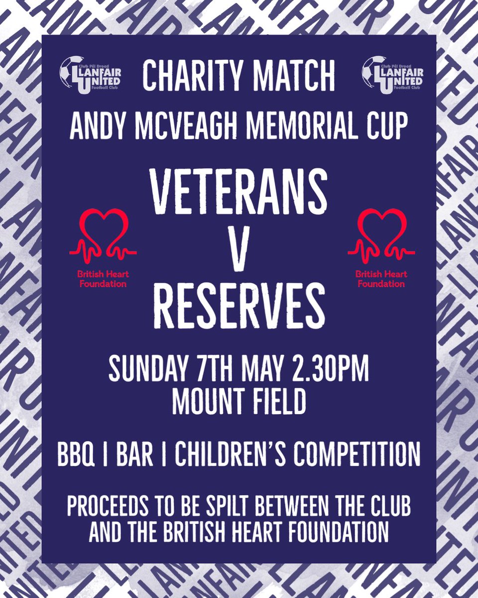 🏆 CHARITY MATCH 🏆

The inaugural ‘Andy McVeagh Memorial Cup’ will take place on Sunday 7th May between a selection of former players and the current Reserves.

There will be a BBQ, Bar &amp; Kids competitions and a raffle to raise money for the club/British Heart Foundation

⚪️⚽️🔵