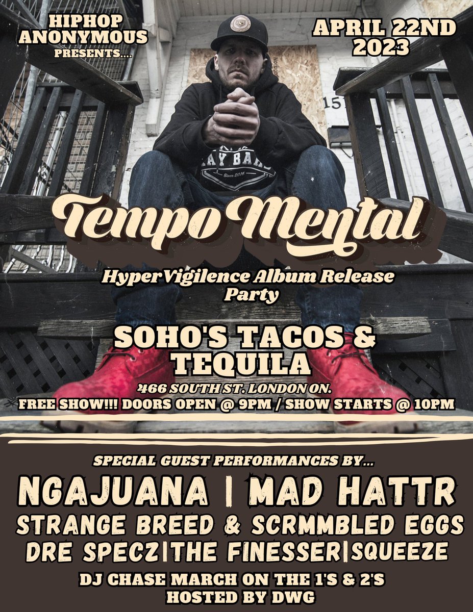 Saturday April 22nd!

Dont Miss This!

<a href="/ngajuana/">Ngajuana DU</a>
@hattrbeats
<a href="/StrangeBreed808/">Strange Breed</a>
@ScrmmbledEggs
<a href="/chasemarch/">Chase March</a>

facebook.com/events/s/tempo…

#lndont #london #ontario #Canada #hiphop #rap #lofi #soul #smooth #music #releaseparty #hiphopcanada