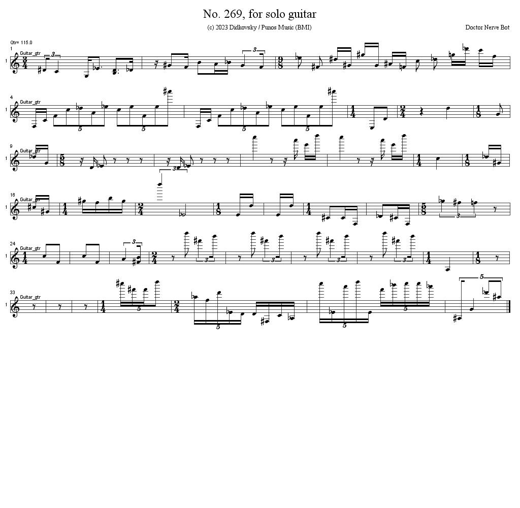 BotNerve's tweet photo. No. 269, for solo guitar, page 1/1, (c) 2023 Didkovsky / Punos Music (BMI). Created 2023-04-16_15:10:03 by @DoctorNerve and @BotNerve #Java #AutomaticComposition #JMSL #AlgorithmicMusic https://t.co/8s8wpaGa0o