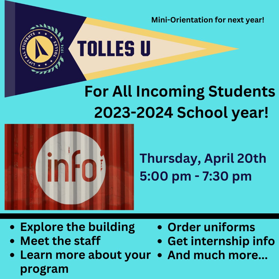 Attention all 2023-2024 incoming students &amp; families. Tolles U is Thursday, April 20th, 5:00P-7:30P. You should have received emails from Tolles w/ an invitation &amp; additional details. Please email jcowgill@tollestech.com w questions. Hope to see you Thursday! <a href="/tollesceo/">Todd Hoadley / CEO of Tolles CTC</a>