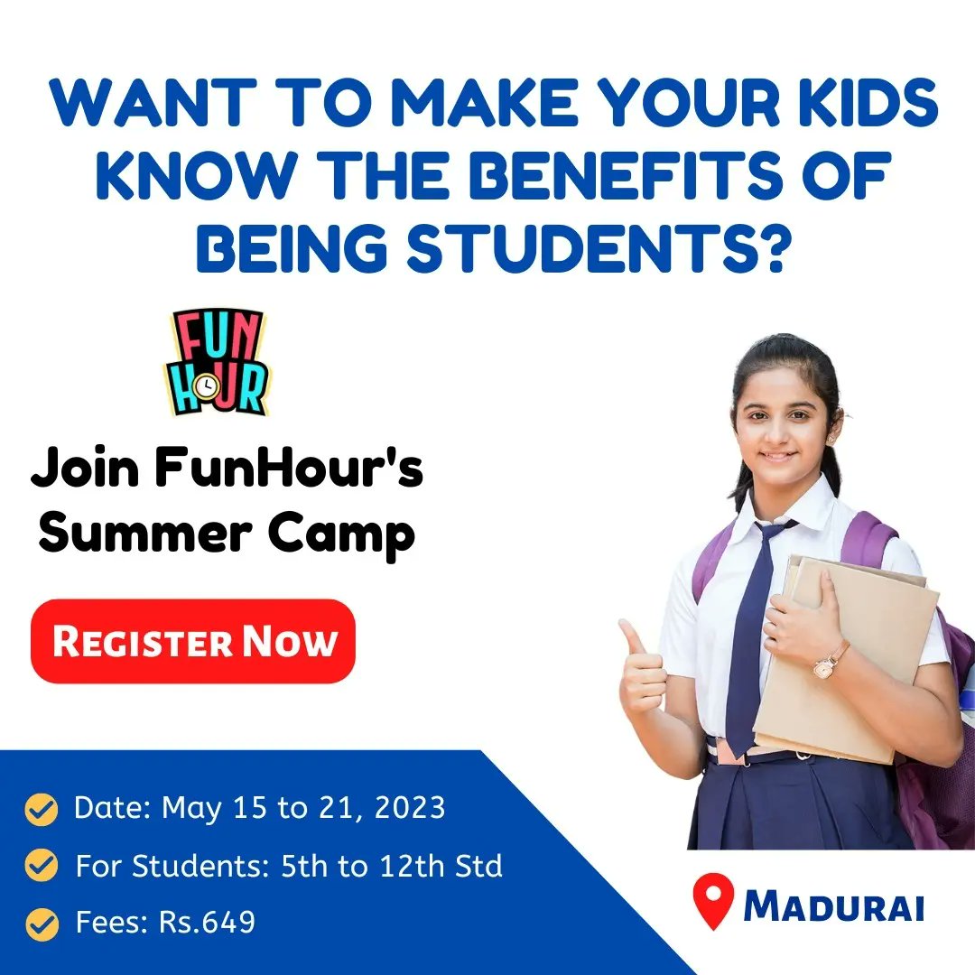 Enroll you kids in our short term summer camp program ✅

To register click the below link 👇
forms.gle/UkFTs2SJAzWpWF…

#FunHour #funlearning  #summercampmadurai #summerholidays #summerprogram #summercamp2023 #skilldevelopment #personaldevelopment #madurai