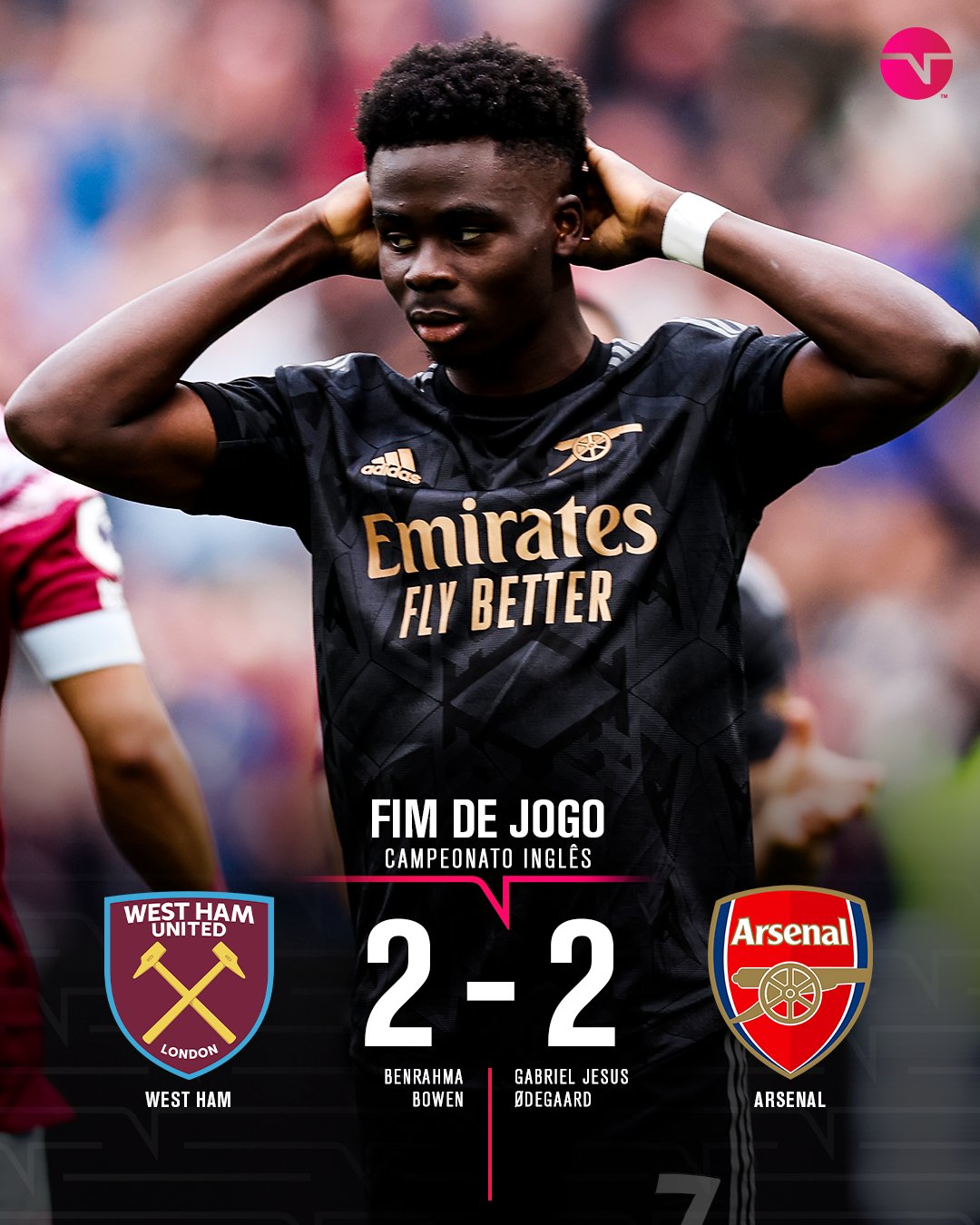 Jesus marca, Arsenal abre 2 a 0 em 10 minutos, mas leva empate do West Ham