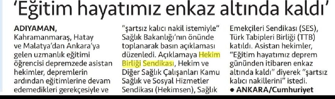 hekim_birligi's tweet photo. Depremzede asistan hekimlere 1999 yılında  tanınan nakil hakkı tanınmalıdır. Anayasal hak olan eğitim hakkı sekteye uğramıştır. Bu sebeple son derce haklı ve meşru olan  talepleri karşılanmalıdır. @erolozvar @drfahrettinkoca @YuksekogretimK #AsistanHekimKöleDeğildir https://t.co/QaIiEKzCKA