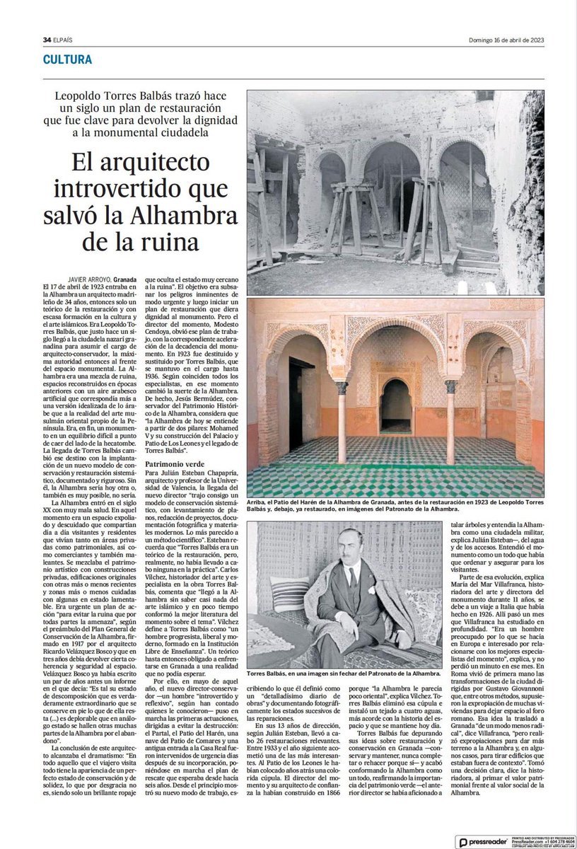 'El arquitecto introvertido que salvó la Alhambra de la ruina'

Leopoldo Torres Balbás (1888-1960), conservador del monumento nazarí 

via @el_pais • @AlAndalusGranad @alhambracultura @granadahoy @turgranada @granadaturismo